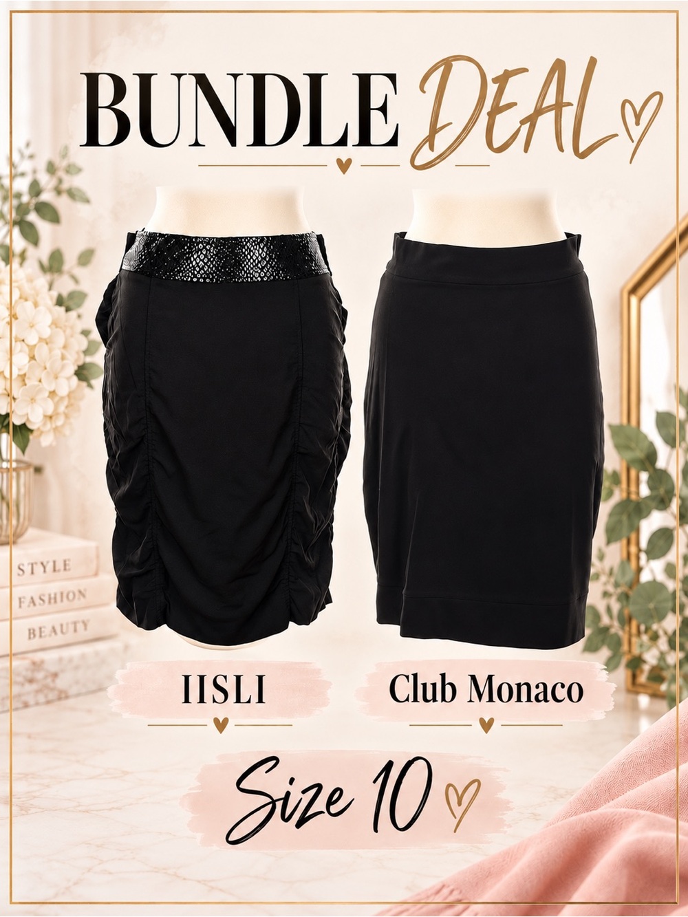 Women’s Size 10 Black Skirt Bundle IISLI Club Monaco Pencil Ruched 2 Pc